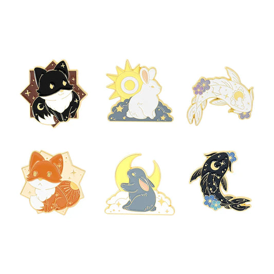 Sun & Moon Animal Enamel Pins Fox Rabbit Fish Brooch Lapel Badge Cartoon Jewelry Gift Wholesale
