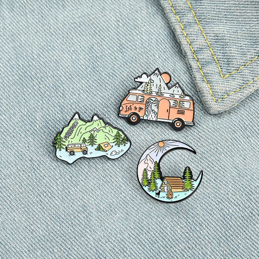 Camping Hiking Enamel Pin Mountain River Forest Brooch Lapel Badge Gift