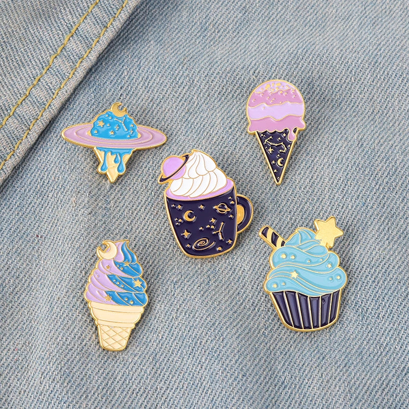 Planet Universe Ice Cream Enamel Lapel Pins Cupcake Dessert Brooch Cartoon Jewelry Gift for Kids