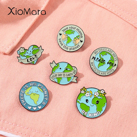 Cute Earth Enamel Pins "Save The Planet" Heart Brooches Eco-Friendly Accessories