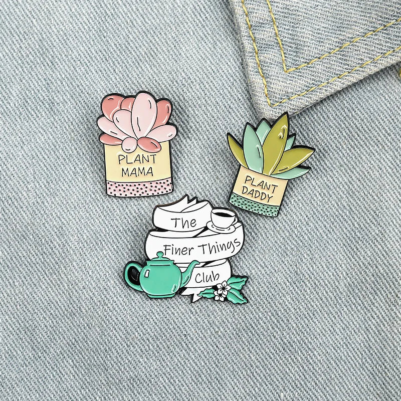 Plant Mama Enamel Pins Teapot Coffee Cup Brooch Charm Lapel Jewelry