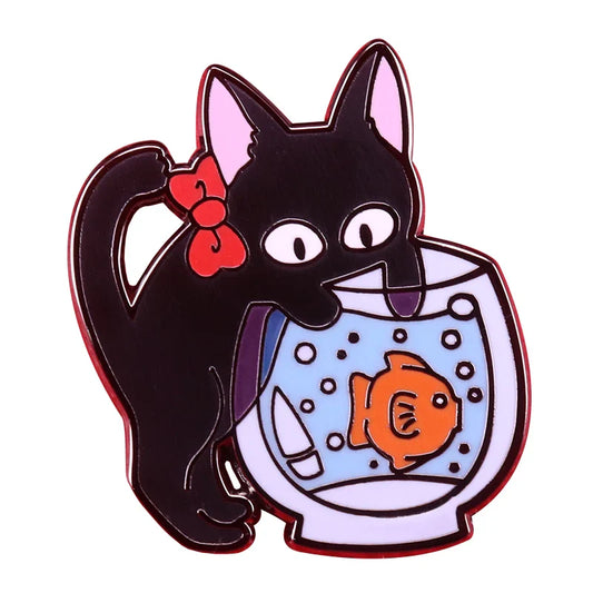 Black Cat Fishbowl Enamel Brooch
