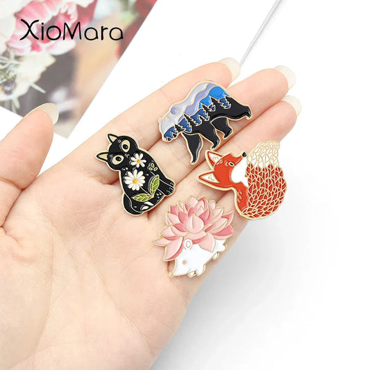 Forest Animal Enamel Pins: Cat, Bear, Hedgehog, Fox Brooches for Bags & Hats
