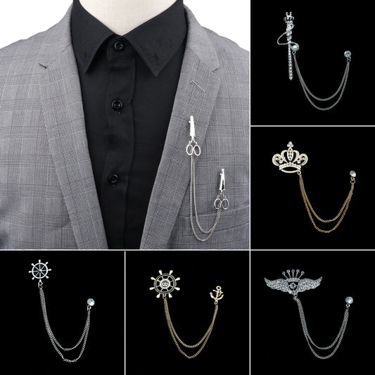 Men's Brooch Lapel Pin Tassel Chain Suit Accessory