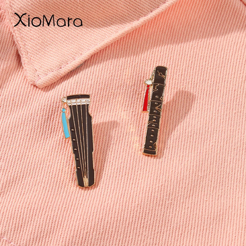 Chinese Enamel Pins Guzheng Flute Brooches Badges Jewelry Accessories