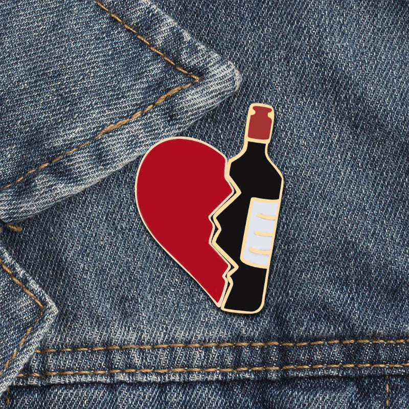 Broken Heart Wine Bottle Enamel Pins Set - Love Brooch for Jackets, Bags, Gifts