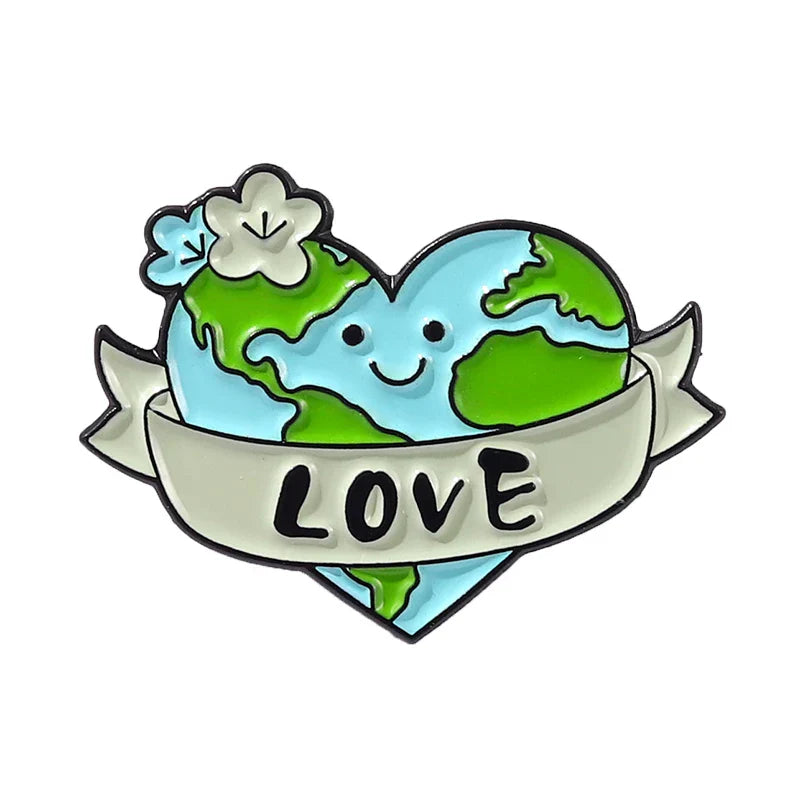 Cute Earth Enamel Pins "Save The Planet" Heart Brooches Eco-Friendly Accessories