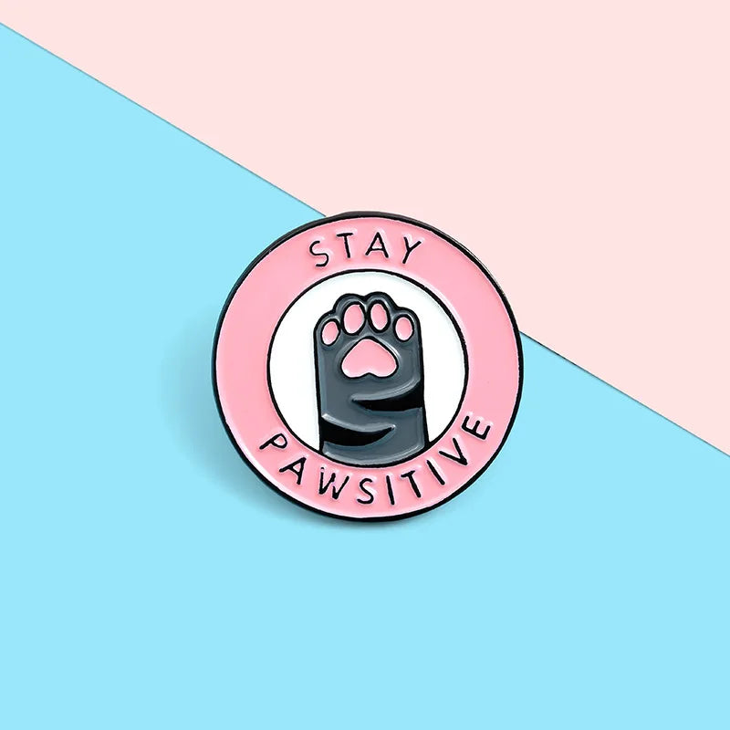 Stay Pawsitive Cat Paw Enamel Brooch Cute Animal Lapel Pin Jewelry Gift