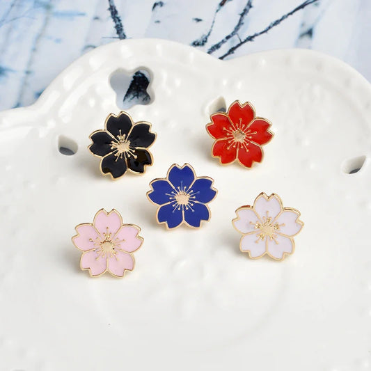 Sakura Flower Brooch Pins - Black, White, Pink, Red, Blue Badge for Bags & Clothes Jewelry Gift