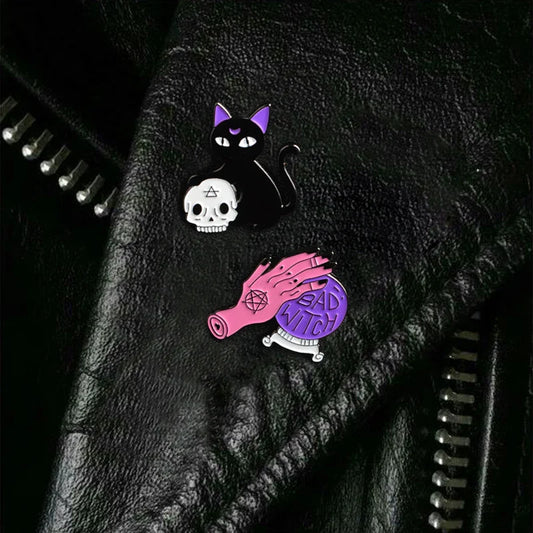 Dark Punk Crystal Ball Skeleton Cat Enamel Brooch Lapel Pin Jewelry Gift