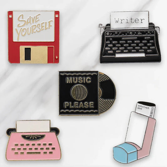 Office Supplies Enamel Pin Typewriter Phonograph Brooch Denim Pin Badge Jewelry