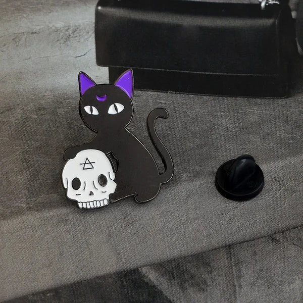 Dark Punk Crystal Ball Skeleton Cat Enamel Brooch Lapel Pin Jewelry Gift
