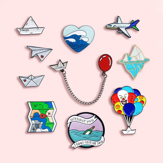 Creative Paper Boat Plane Enamel Brooch Love Wave Iceberg Bottle Pin Jewelry Accessories