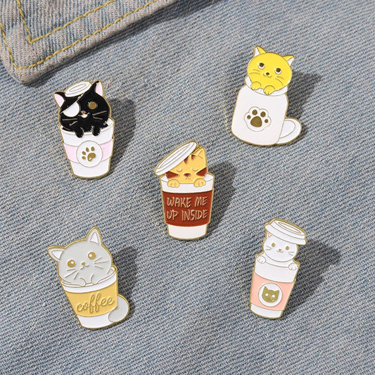 Cute Coffee Cup Cat Pirate Enamel Brooch Lapel Pin Jewelry Gift