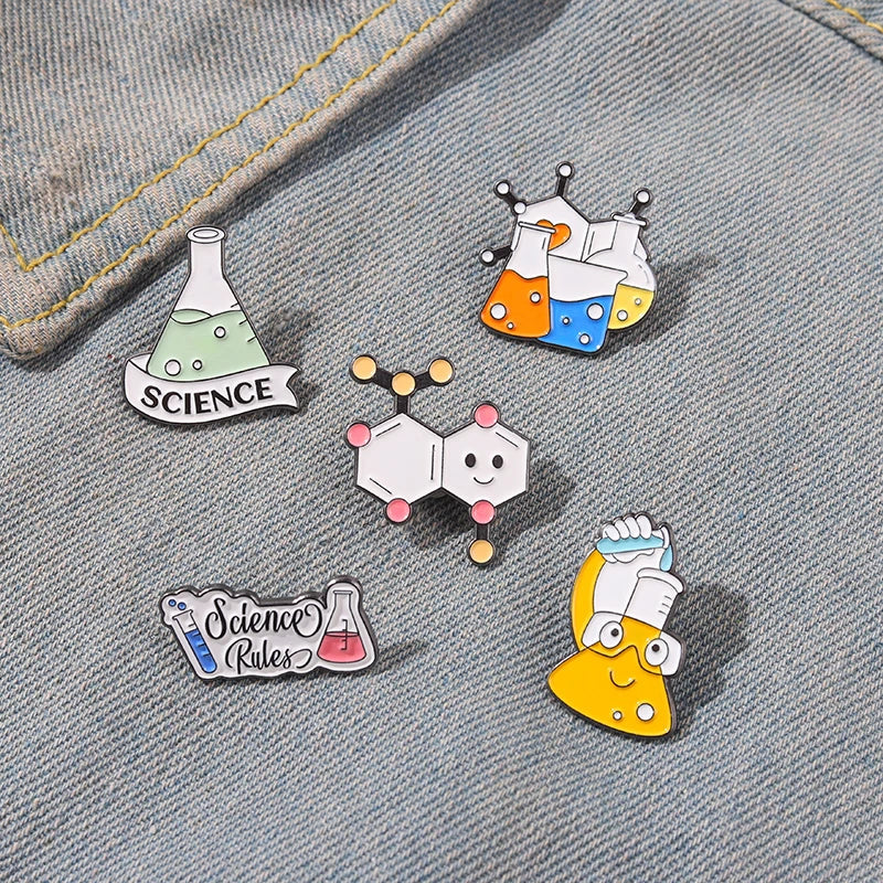 Cartoon Science Test Tube Enamel Pins Chemical Reaction Brooch Lapel Jewelry Kids