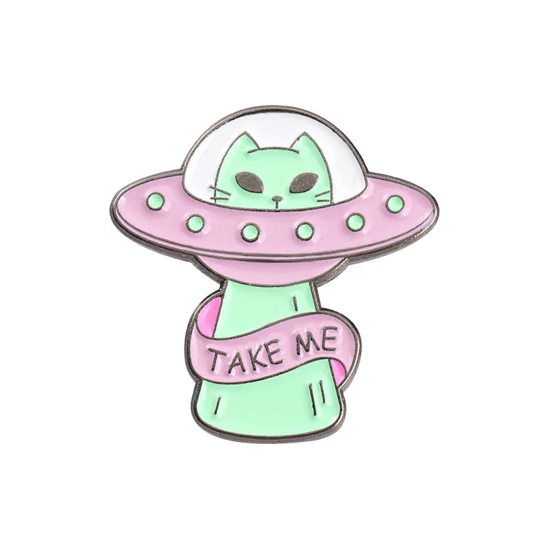 Alien Cat UFO Enamel Pins Space Ship Brooches Jewelry Wholesale