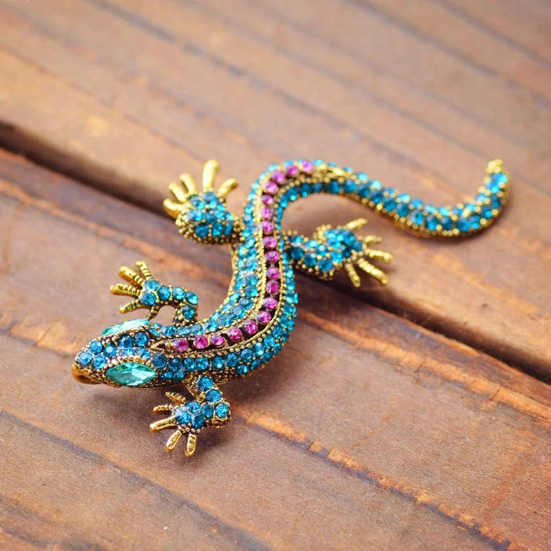 Lizard Rhinestone Brooch Pin Geckos Jewelry Vintage Metal