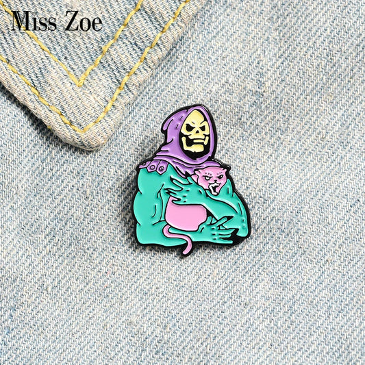 Skeletor Purple Hood Enamel Pin Gothic Cat Brooch Lapel Pin Jewelry Gift