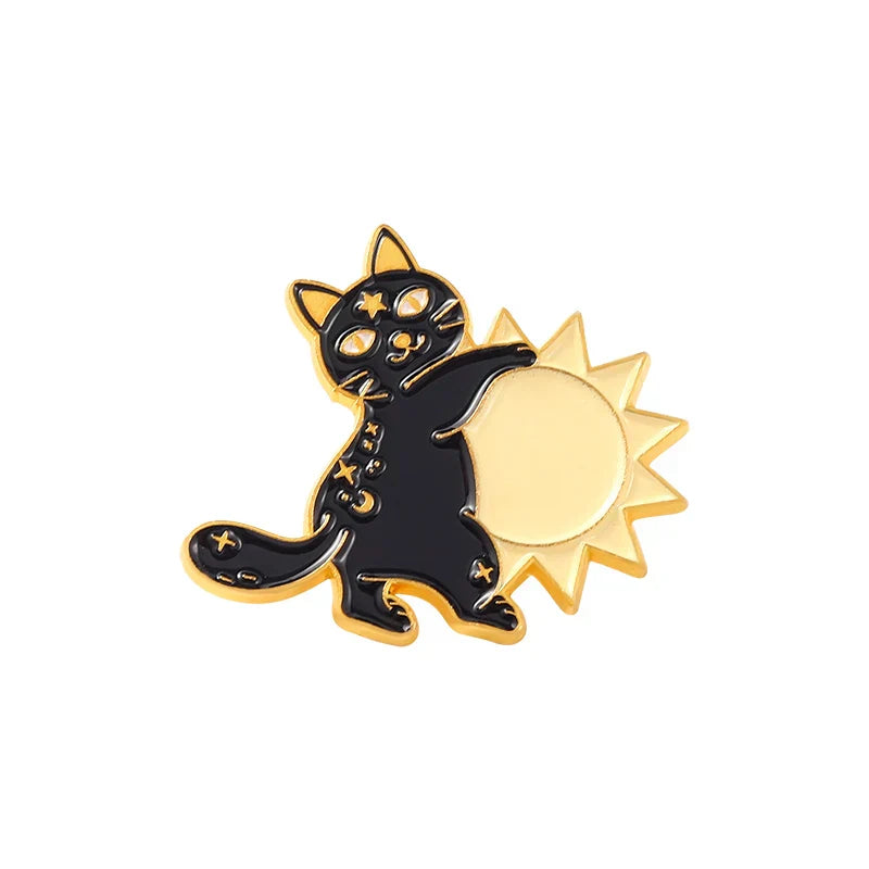 Black Cat Enamel Pins Sun Moon Brooches Cute Animal Badges Lapel Jewelry Gift