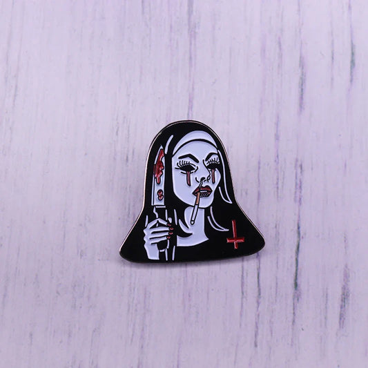 Killer Nun Enamel Pin: Girl with Knife, Blood Tears, Cigarette, Horror Badge