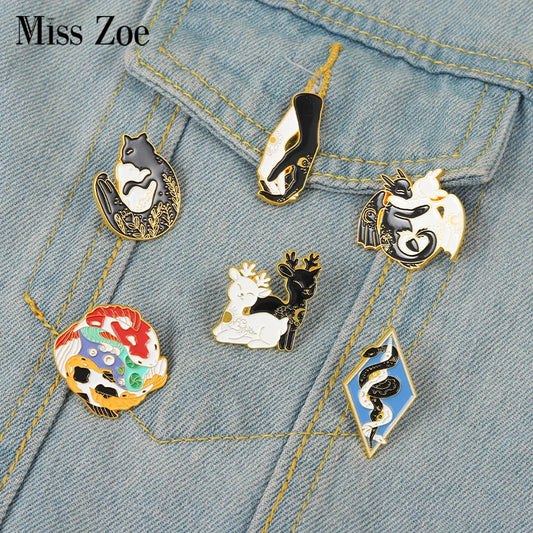 Starry Animal Enamel Pins: Cat, Deer, Dragon, Snake, Koi, Moon, Sun Brooches Lapel Badge Jewelry Gift