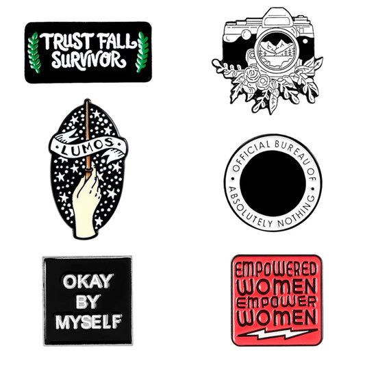 Trust Fall Survivor Black White Camera Flower Lightning Punk Brooch Pin Gift