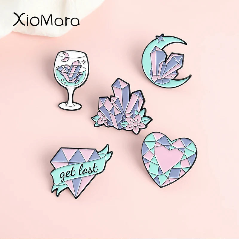 Purple Crystal Enamel Pins Moon Heart Brooches Backpack Badges Gifts for Women Custom Jewelry