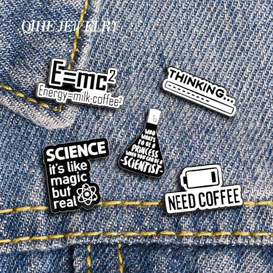 QIHE JEWELRY Science Coffee Enamel Brooches Cute Metal Pins Badges Fashion Gifts