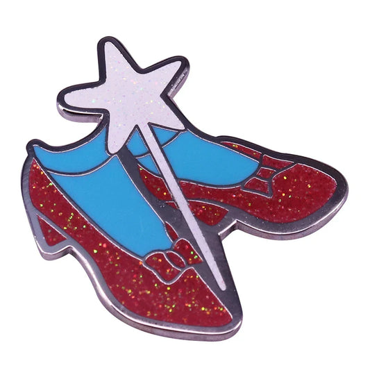 Dorothy's Red Glitter Shoes Bow Magic Wand Enamel Pin Fantasy Film Brooch Badge