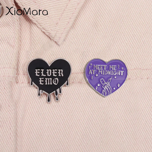 Meet Me at Midnight Enamel Pins Gothic Black Heart Emo Halloween Brooch Lapel Badge Jewelry Gifts