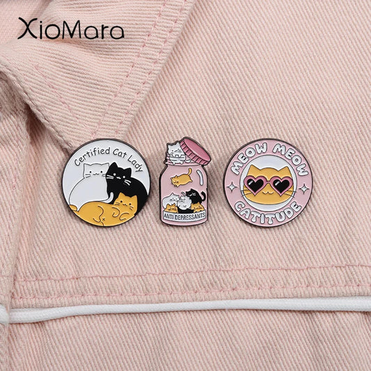 Cat Lady Enamel Pin Cartoon Meow Catitude Brooch Lapel Badge Jewelry Gift