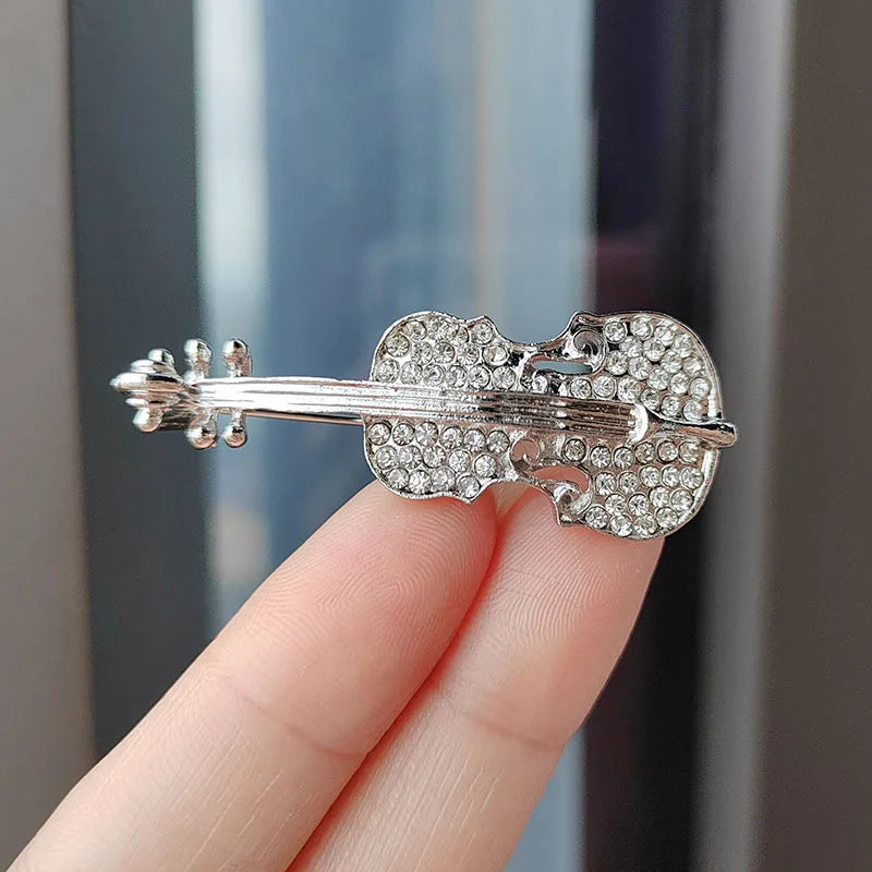 Blue Enamel Violin Brooch Rhinestone Pin Jewelry Gift