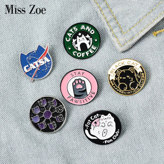 Cat Enamel Pin Planet Moon Cafe Brooch Lapel Badge Cute Animal Jewelry Gift