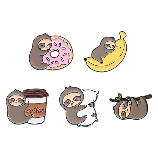 Cute Sloth Enamel Pins Coffee Donut Banana Backpack Lapel Badge Animal Jewelry Gift