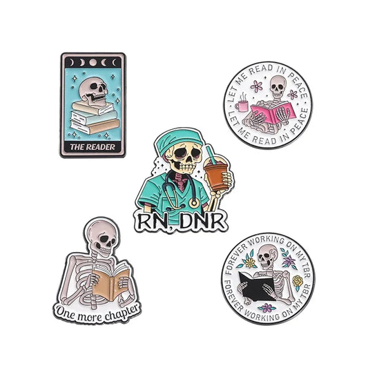 Skeleton Reading Enamel Pins Custom Chapter Pin Doctor Brooches Backpack Lapel Badges Punk Jewelry Gift