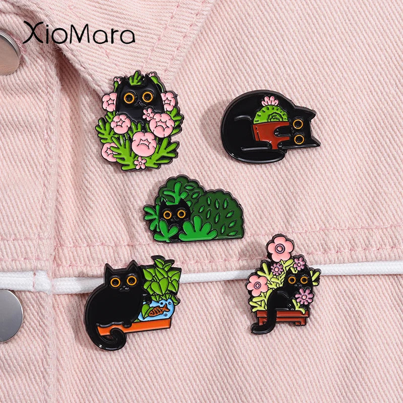 Black Cat Enamel Pin Cactus Brooch Lapel Badge