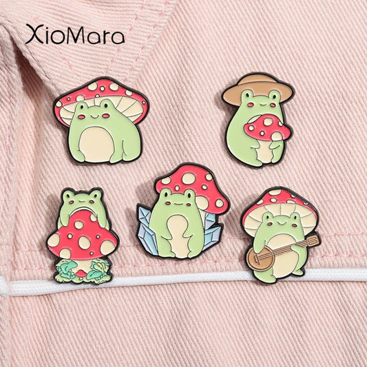 Cute Frog Enamel Pins Mushroom Brooches Lapel Backpack Badges Animal Jewelry Gift