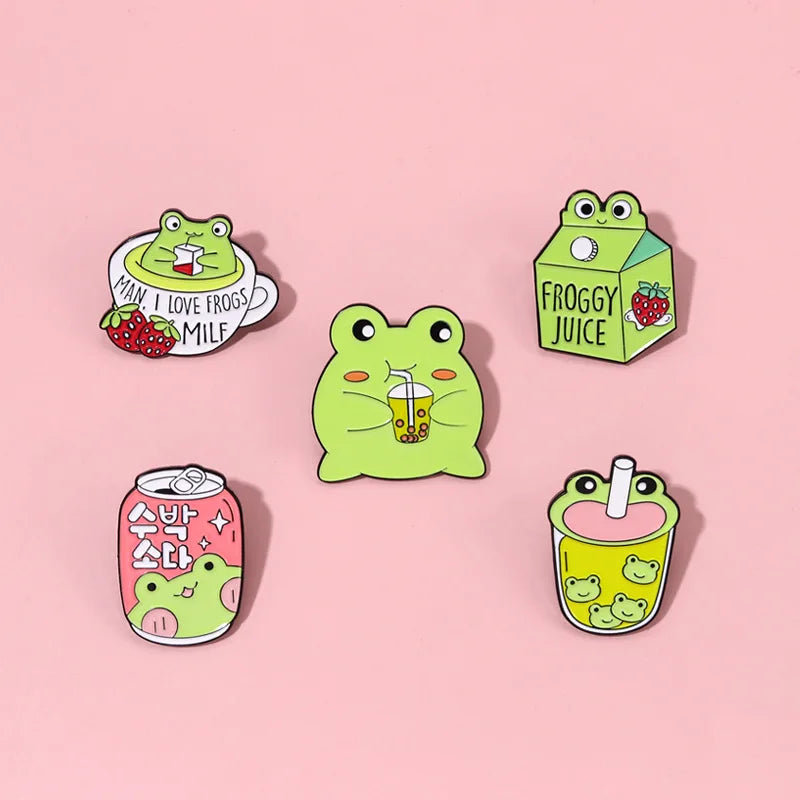 Sparkling Water Bottle Frog Shape Carton Moon Cat Brooch Enamel Lapel Pin