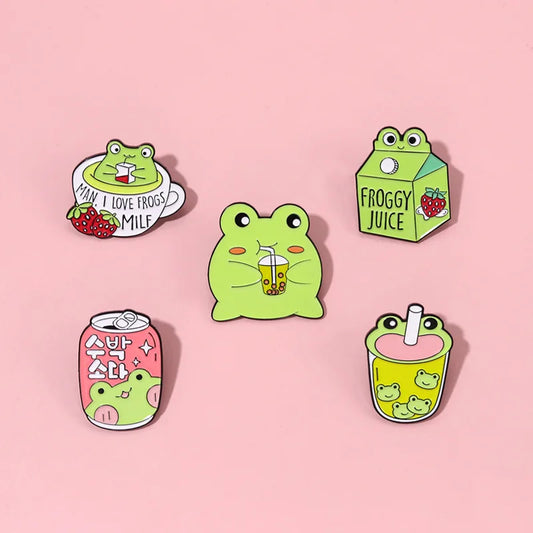 Sparkling Water Bottle Frog Shape Carton Moon Cat Brooch Enamel Lapel Pin