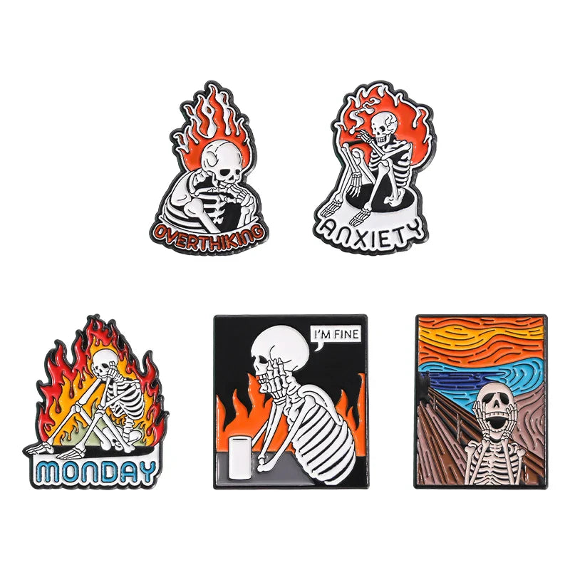 Creative Skeleton Oil Painting Enamel Pins Anxiety Metal Brooch Lapel Badge Halloween Jewelry Gifts