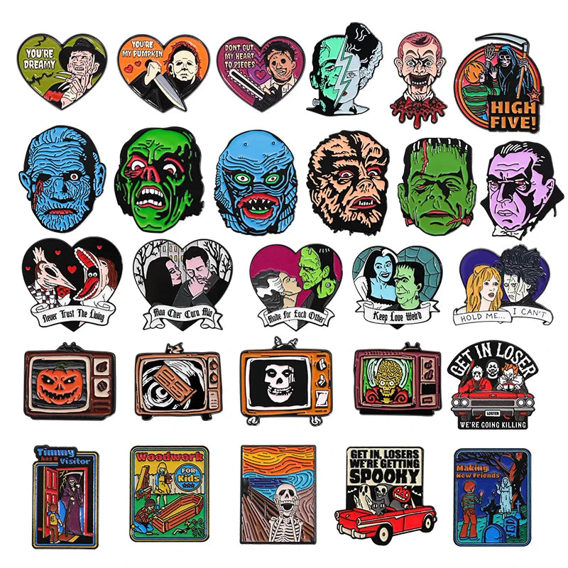 Horror Movie Character Enamel Pins Halloween Pumpkin Skull Mask Brooch Lapel Badge