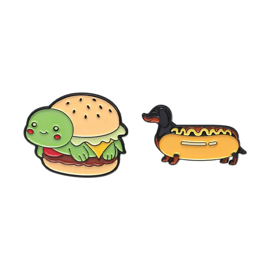 Cute Animal Food Enamel Pins: Burger Turtle Hotdog Dachshund Brooches Lapel Badge Jewelry Gift