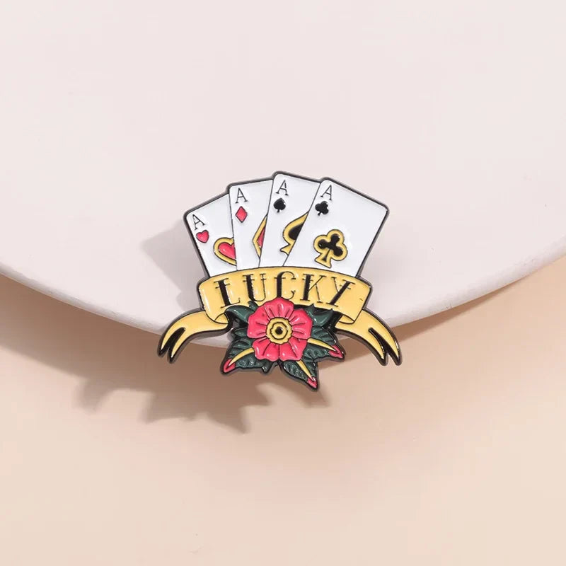 Lucky Playing Cards Enamel Pins Red Heart Square Plum Game Lapel Badge Brooches Gift
