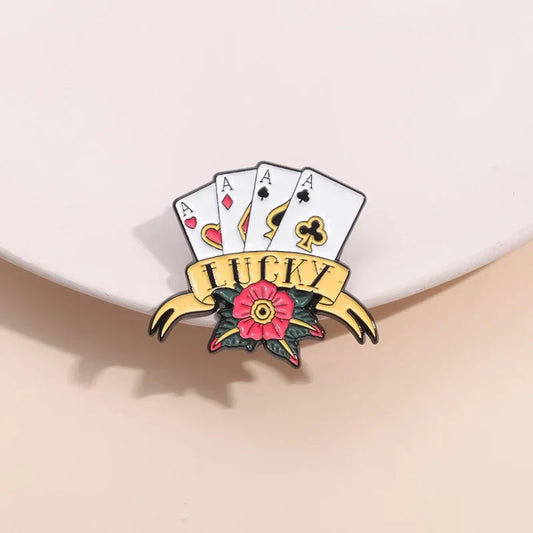 Lucky Playing Cards Enamel Pins Red Heart Square Plum Game Lapel Badge Brooches Gift