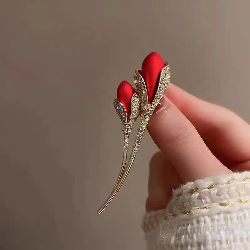 Red Rose Tulip Brooch Pin Elegant Flower Badge Accessories