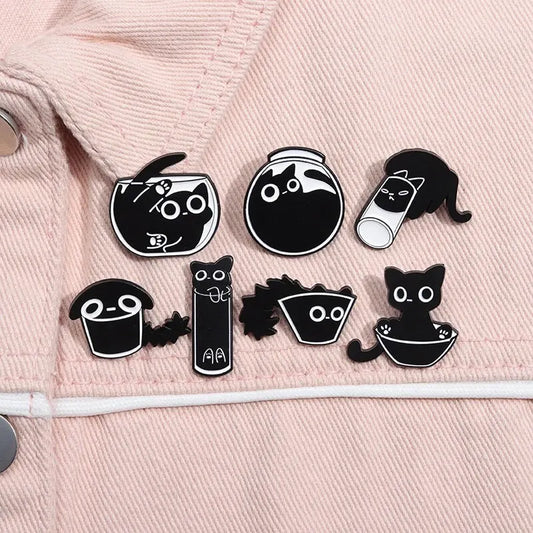Cute Cat Enamel Pins Set - Black Kitten Brooches Lapel Badges Cartoon Animal Jewelry Gift