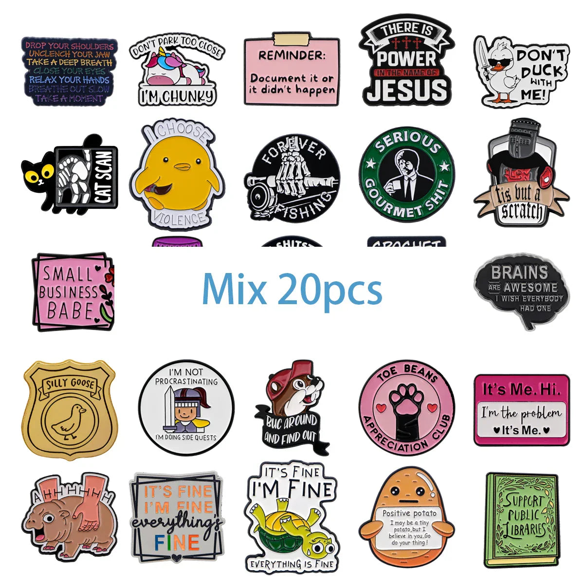 Funny Cartoon Enamel Lapel Pins Set - 20pcs Wholesale Brooches for Clothes & Backpacks