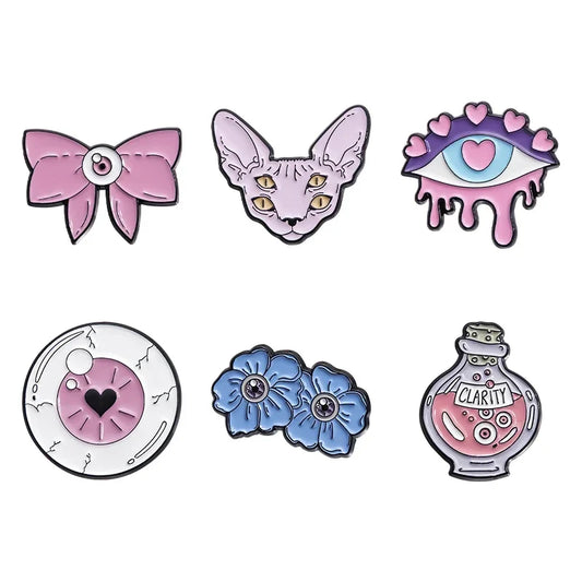 Pink Punk Eyes Enamel Pins Halloween Potion Flower Love Eye Brooches Lapel Badges Jewelry Gift Wholesale