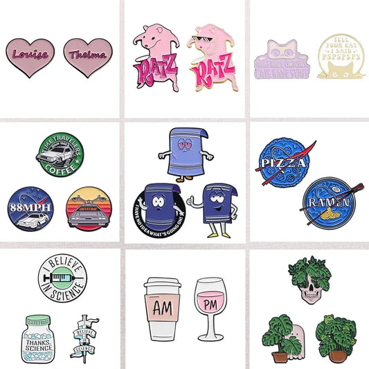 Cartoon Pink Cat Enamel Pins Set - Custom Car, Coffee, Wine Brooch Lapel Backpack Badge