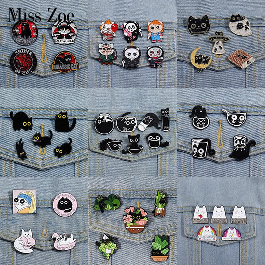 Cute Cat Enamel Pins Set: Black Fluid Cat Brooches Lapel Badge Punk Jewelry Gift